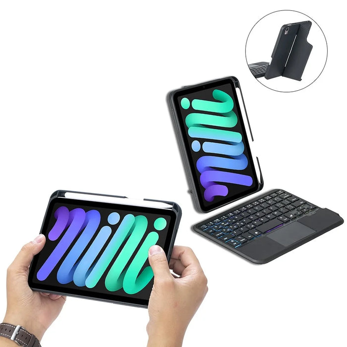 T06-AS for iPad mini (2024) / mini (2021) Backlit Touchpad Keyboard Kickstand Case Pen Holder Tablet PU Leather Cover with Detachable Bluetooth-compatible Keyboard - 7