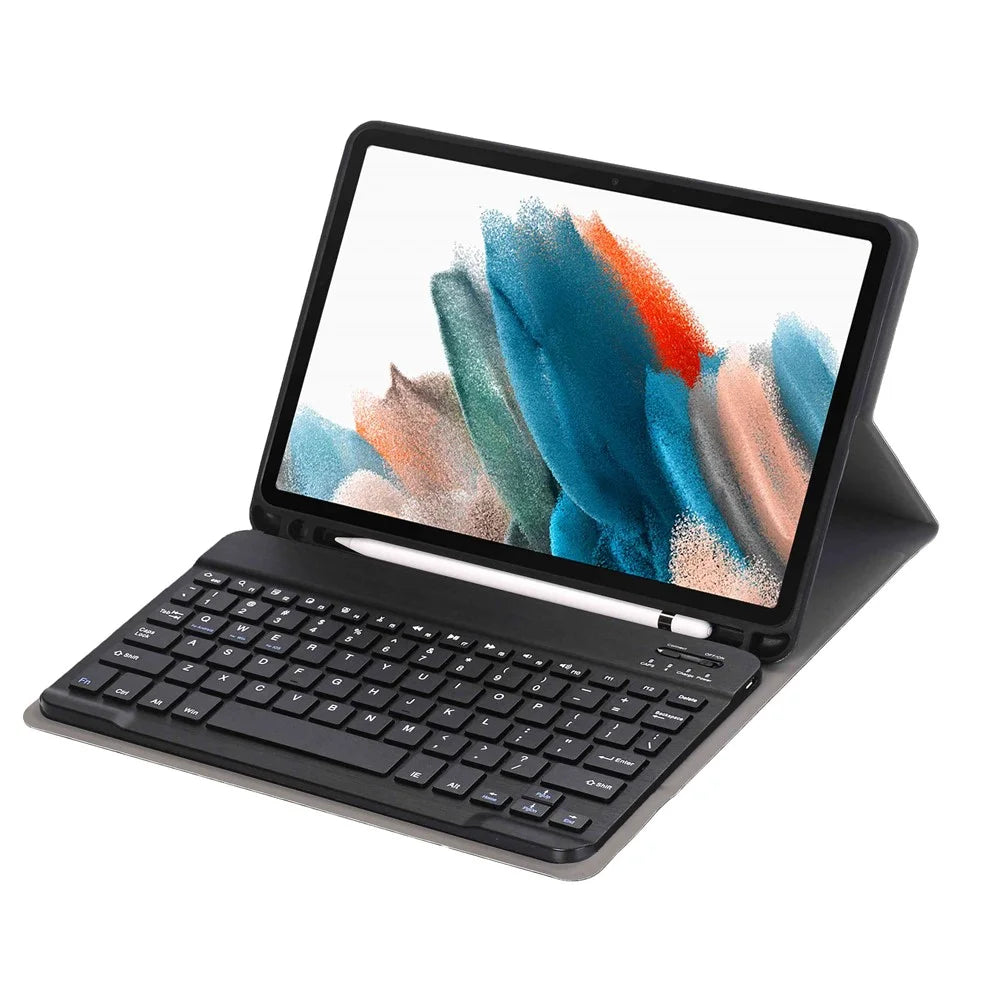 A08B For Samsung Galaxy Tab A8 10.5 (2021) SM-X205 / X200 Pen Slot Design PU Leather+TPU Tablet Stand Case with Bluetooth-compatible Keyboard - Black - 1