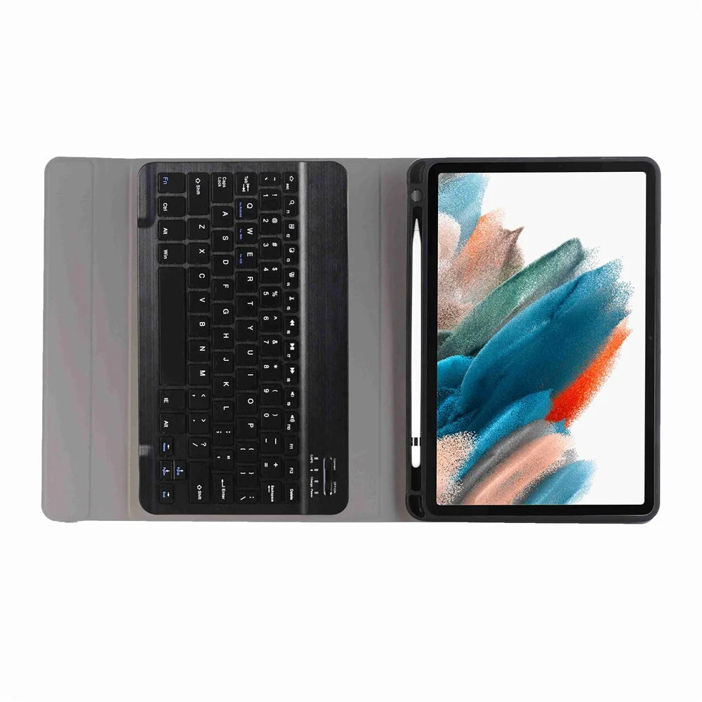 A08B For Samsung Galaxy Tab A8 10.5 (2021) SM-X205 / X200 Pen Slot Design PU Leather+TPU Tablet Stand Case with Bluetooth-compatible Keyboard - Black - 4