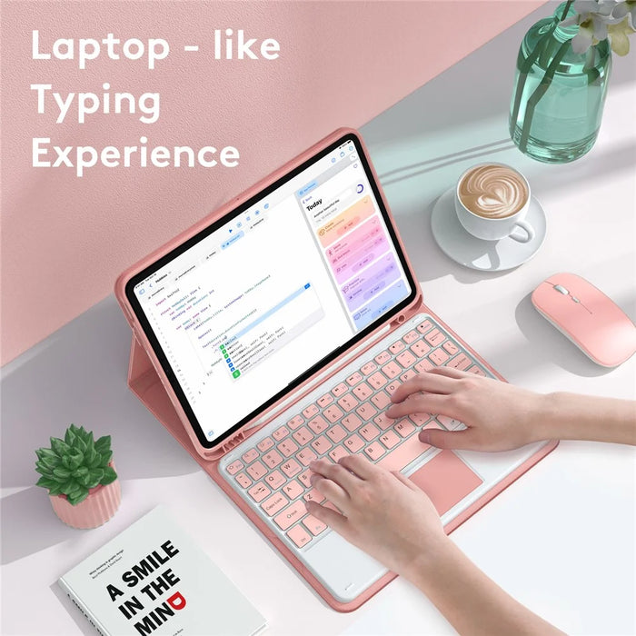 TP-1099 For iPad (2025) / 10.9 (2022) Wireless Keyboard Case with Mouse, PU Leather Folio Flip Cover Bluetooth-Compatible Keyboard Case - Pink - 2