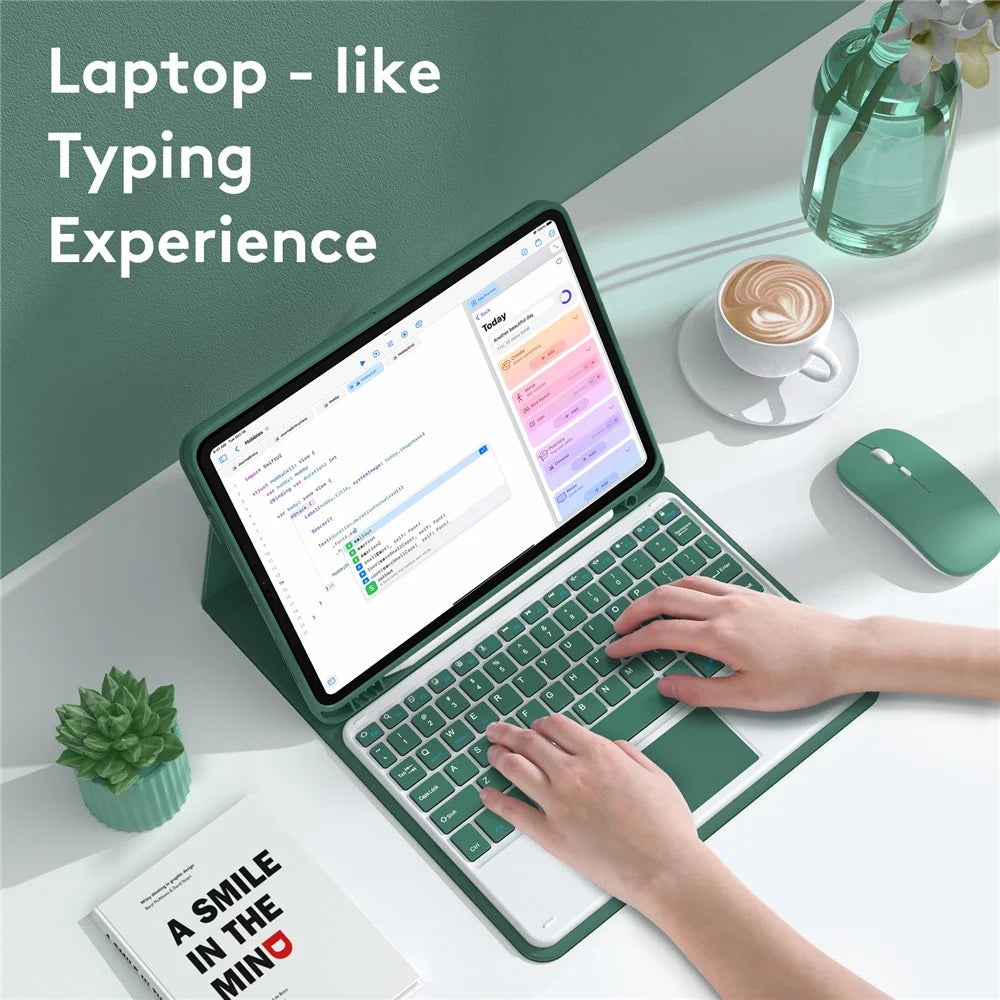 TP-1099 For iPad (2025) / 10.9 (2022) Bluetooth-Compatible Keyboard Case with Touchpad PU Leather Case - Midnight Green - 2
