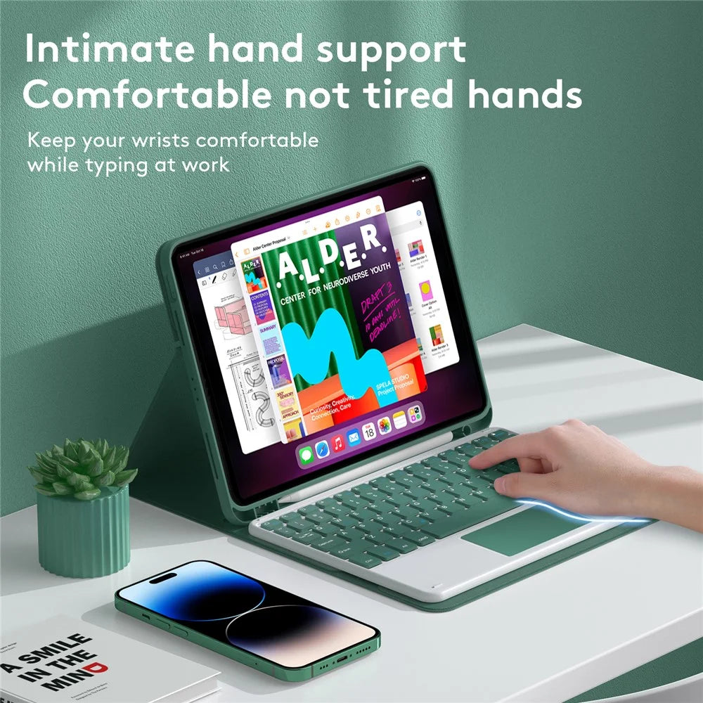 TP-1099 For iPad (2025) / 10.9 (2022) Bluetooth-Compatible Keyboard Case with Touchpad PU Leather Case - Midnight Green - 6