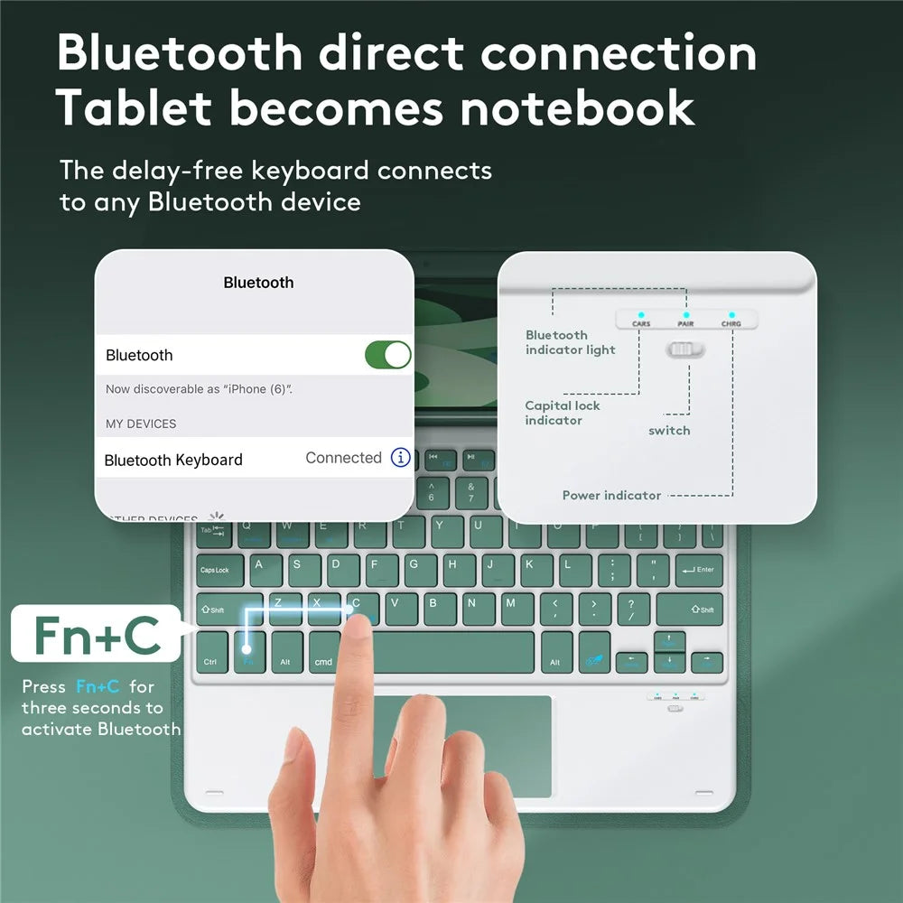 TP-1099 For iPad (2025) / 10.9 (2022) Bluetooth-Compatible Keyboard Case with Touchpad PU Leather Case - Midnight Green - 7