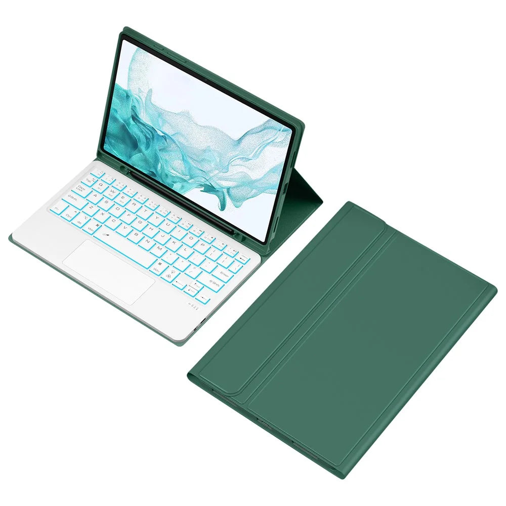 SK-X205D For Samsung Galaxy Tab A8 10.5 (2022) (SM-X200 / X205 / X207) Keyboard Case PU Leather Stand Cover with Backlit Detachable Touchpad Bluetooth-compatible Keyboard - Midnight Green - 1