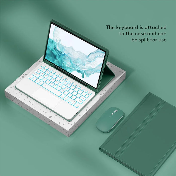 SK-X205D For Samsung Galaxy Tab A8 10.5 (2022) (SM-X200 / X205 / X207) Keyboard Case PU Leather Stand Cover with Backlit Detachable Touchpad Bluetooth-compatible Keyboard - Midnight Green - 2
