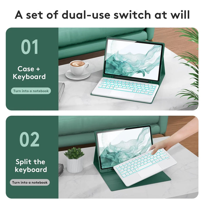 SK-X205D For Samsung Galaxy Tab A8 10.5 (2022) (SM-X200 / X205 / X207) Keyboard Case PU Leather Stand Cover with Backlit Detachable Touchpad Bluetooth-compatible Keyboard - Midnight Green - 4