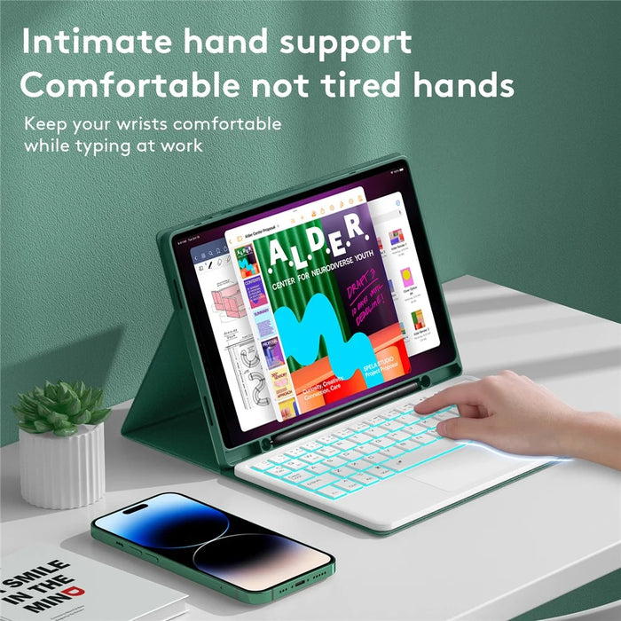 SK-X205D For Samsung Galaxy Tab A8 10.5 (2022) (SM-X200 / X205 / X207) Keyboard Case PU Leather Stand Cover with Backlit Detachable Touchpad Bluetooth-compatible Keyboard - Midnight Green - 6