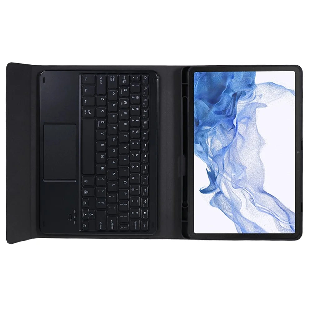SK-T870D Tablet Case for Samsung Galaxy Tab S8 SM-X700, X706 / Tab S7 SM-T870, T875, T878 Stand PU Leather Cover + Bluetooth-compatible Backlit Keyboard with Touchpad - Black - 7