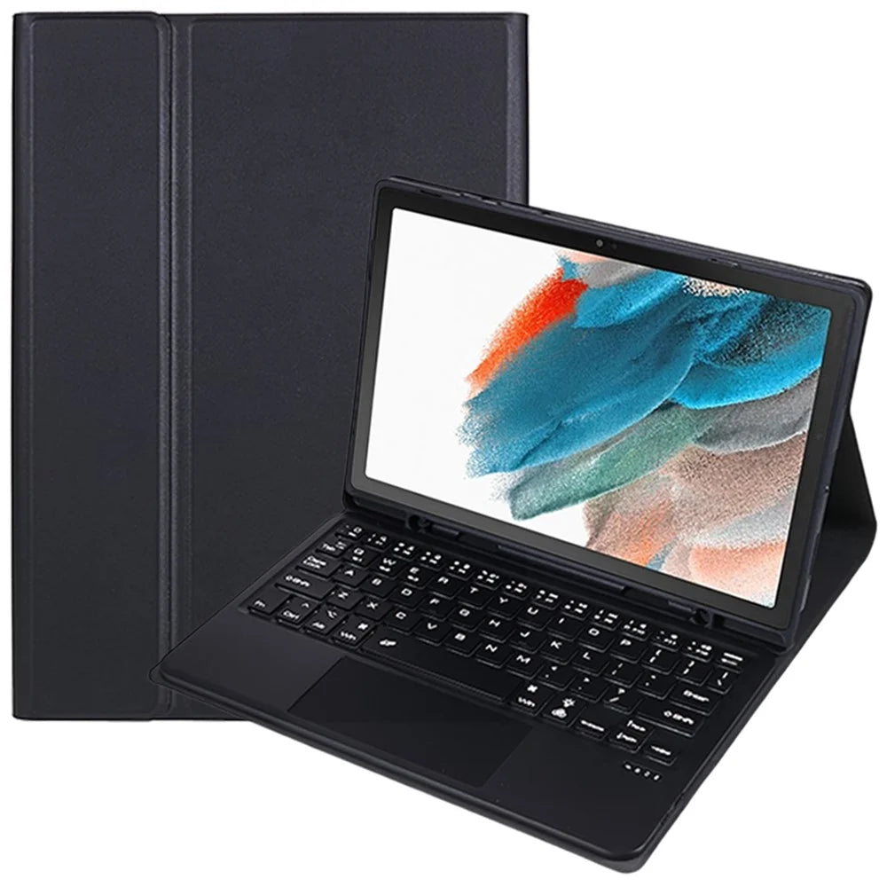 SK-X205D PU Leather Tablet Case for Samsung Galaxy Tab A8 10.5 (2022) (SM-X200 / X205 / X207) Stand Flip Cover with Backlit Touchpad Keyboard - Black - 1