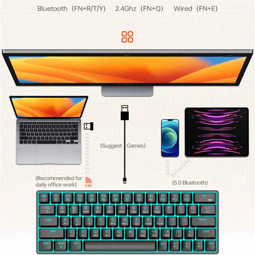 T-WOLF T30 Mechanical Keyboard Wired + Wireless + Bluetooth-compatible 3-Mode RGB Gaming Keyboard 63 Keys - Mix Color - 2