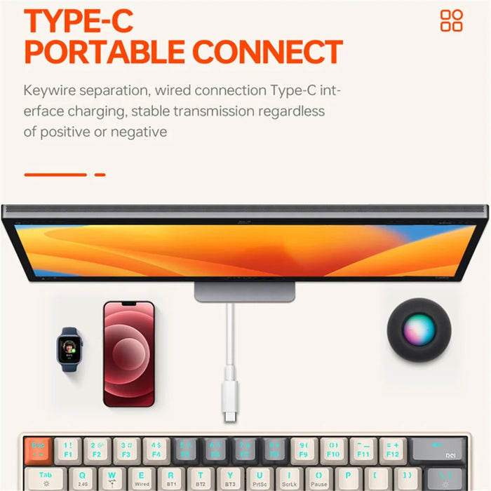T-WOLF T30 Mechanical Keyboard Wired + Wireless + Bluetooth-compatible 3-Mode RGB Gaming Keyboard 63 Keys - Mix Color - 7