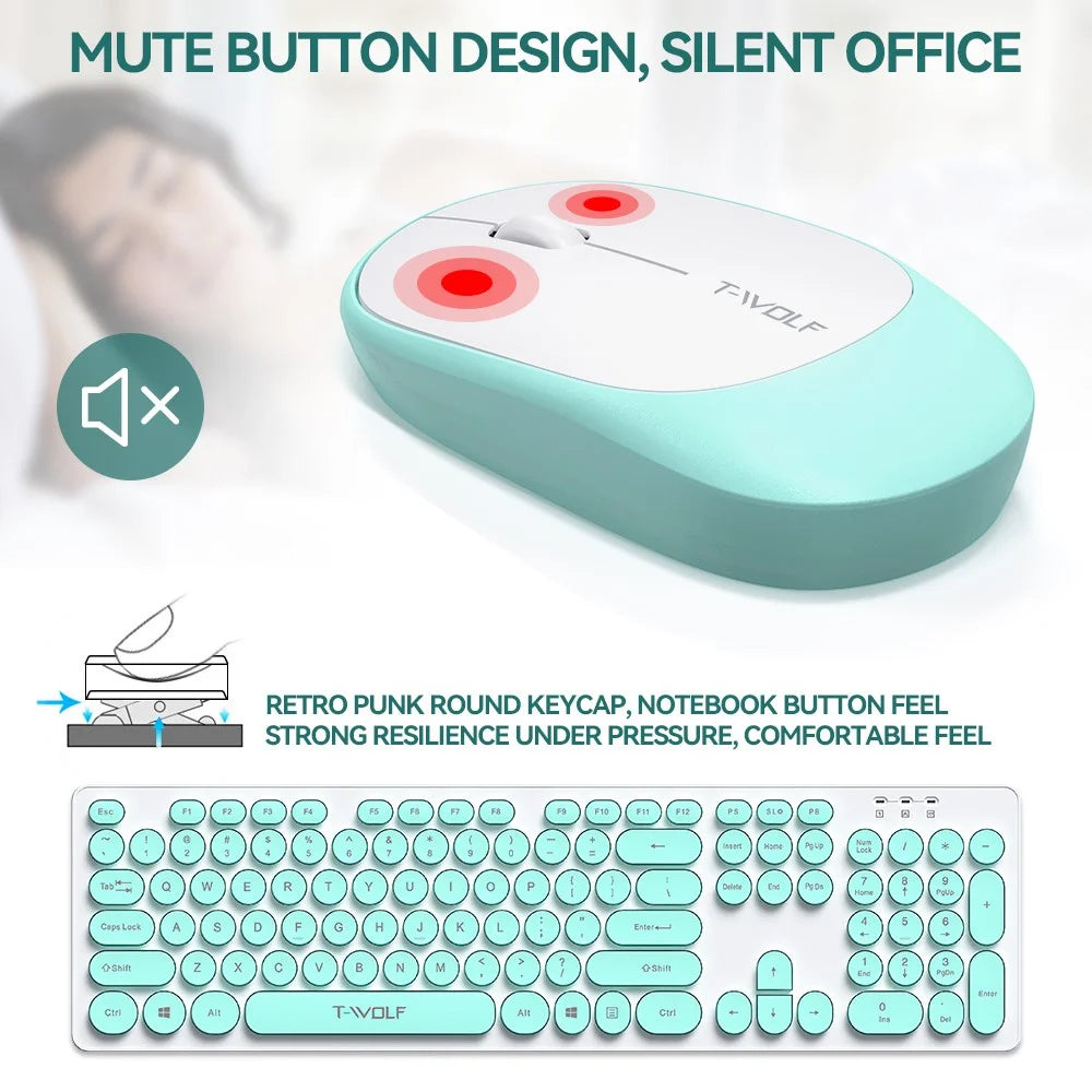 T-WOLF TF770 Wireless Keyboard and Mouse Combo 104 Key Low-Noise Keyboard with Cute Keycaps - Baby Blue - 5