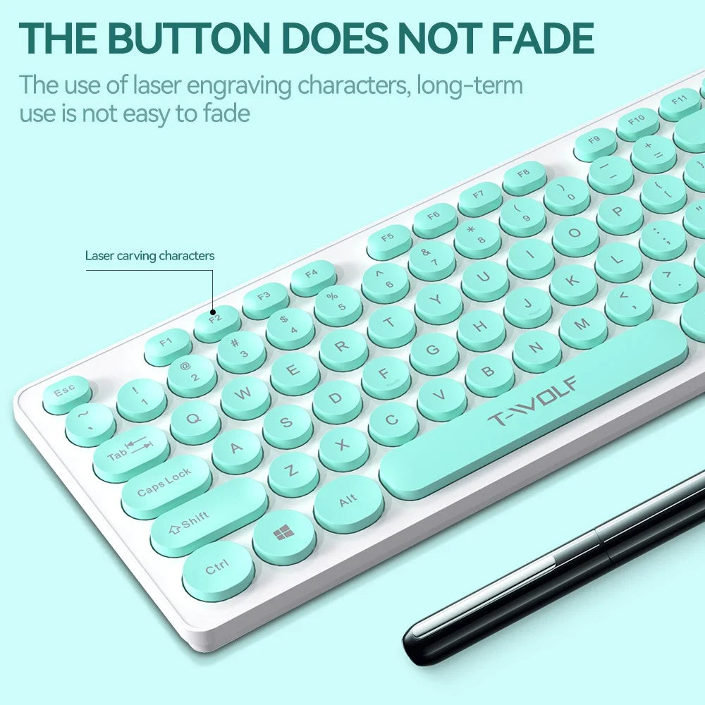 T-WOLF TF770 Wireless Keyboard and Mouse Combo 104 Key Low-Noise Keyboard with Cute Keycaps - Baby Blue - 6
