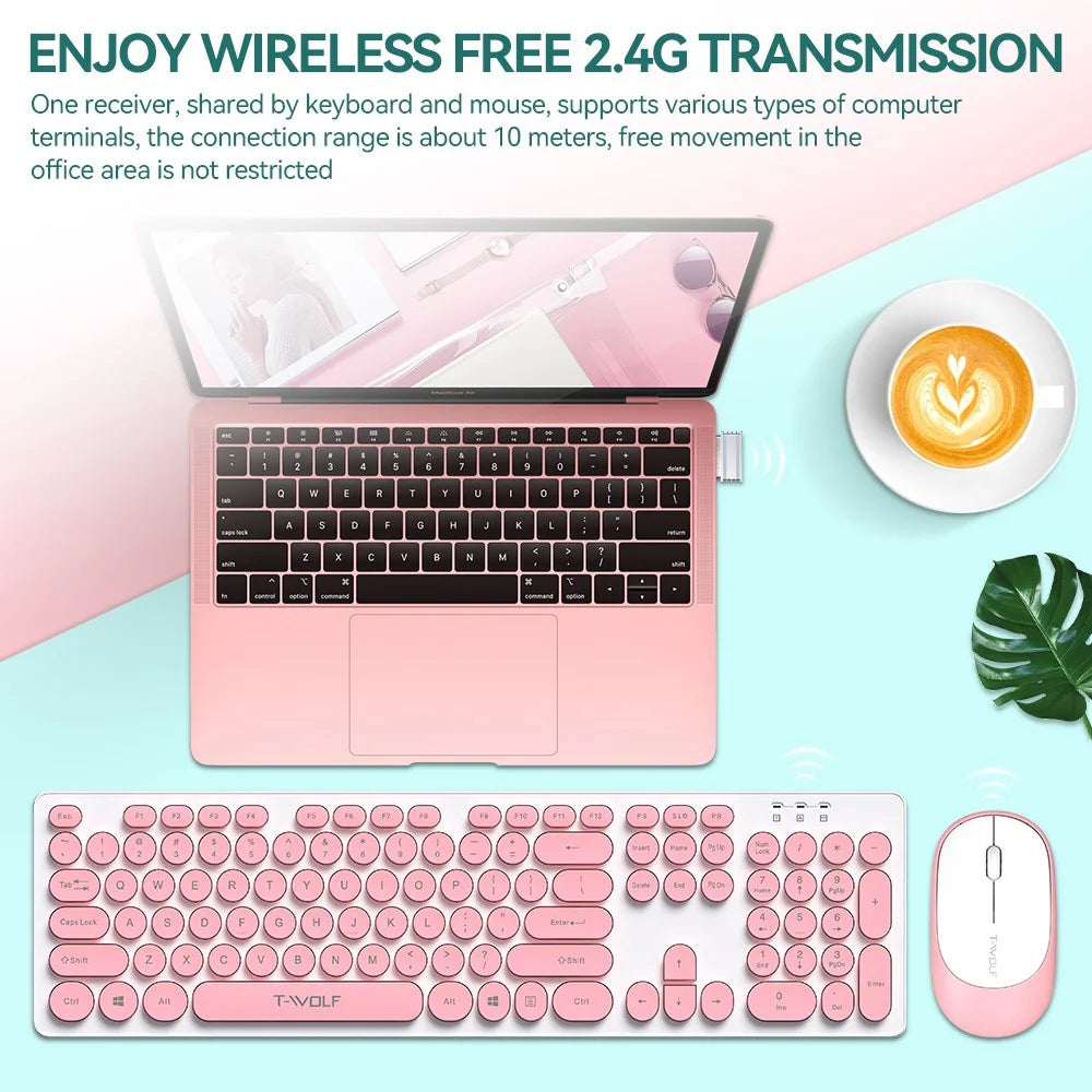 T-WOLF TF770 Wireless Keyboard and Mouse Combo 104 Key Low-Noise Keyboard with Cute Keycaps - Baby Blue - 7