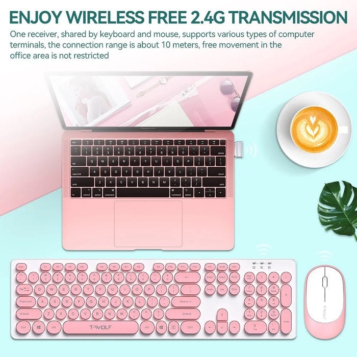 T-WOLF TF770 Wireless Keyboard and Mouse Combo 104 Key Low-Noise Keyboard with Cute Keycaps - Baby Blue - 7