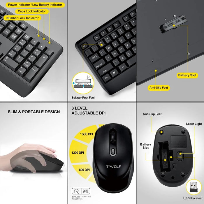 T-WOLF TF100 Wireless Gaming Keyboard Mouse Combo 104 Keys Quiet Keyboard for Computer, PC, Laptop - 7