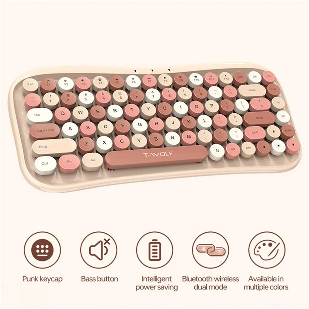 T-WOLF TF660 Bluetooth5.0 / 2.4G Dual Mode Wireless Keyboard Mouse Set Round Keycap Keyboard - Pink - 2