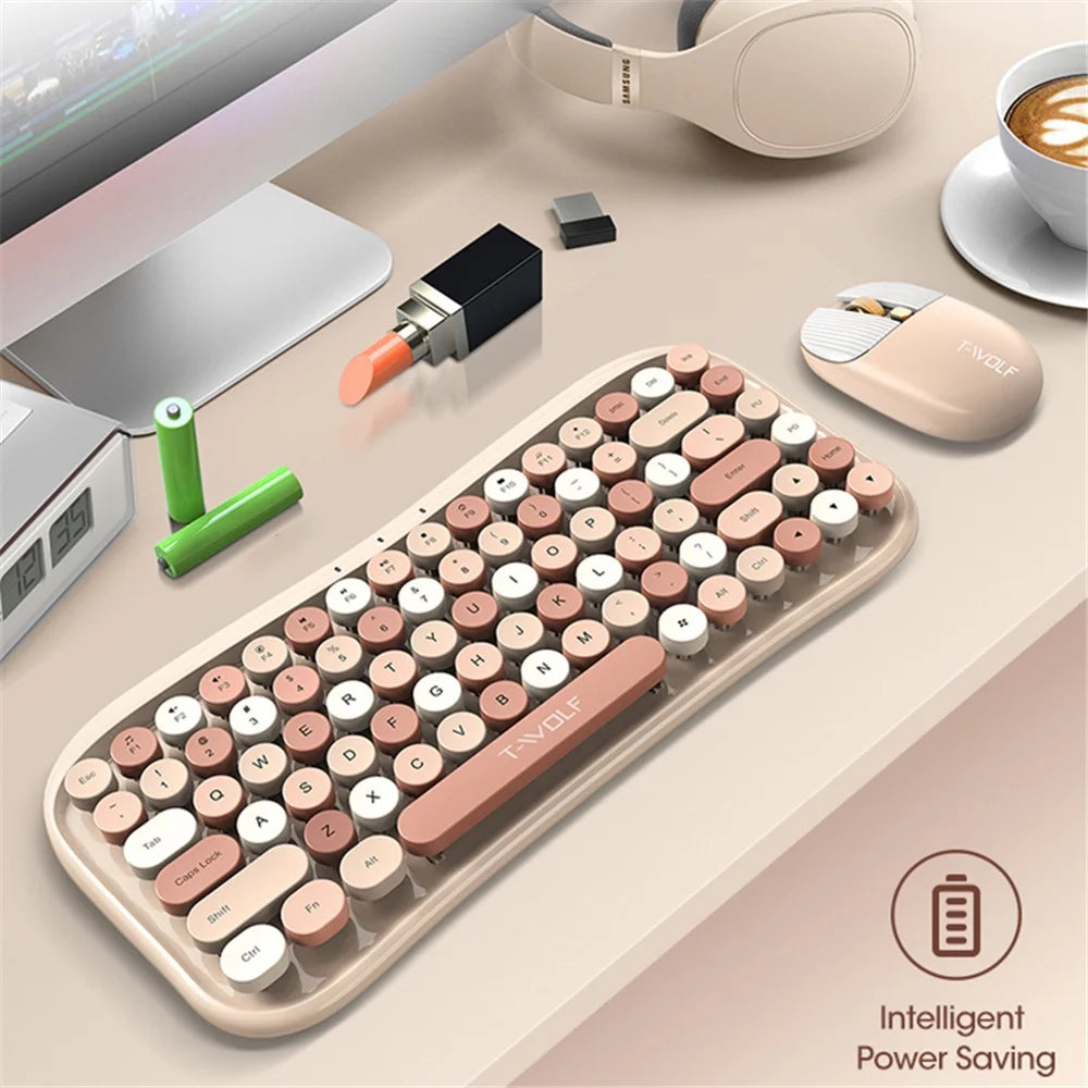 T-WOLF TF660 Bluetooth5.0 / 2.4G Dual Mode Wireless Keyboard Mouse Set Round Keycap Keyboard - Pink - 6