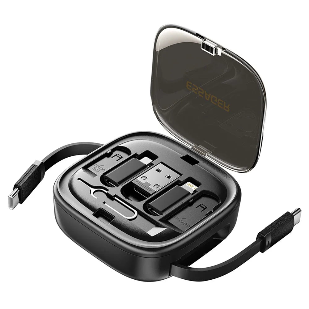 ESSAGER Integrated USB-C Adapter Cable Kit Charging Cable Case Convertor Contains Card Slot Phone Holder Design for Traveling - Black - 1