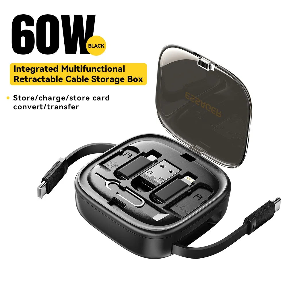 ESSAGER Integrated USB-C Adapter Cable Kit Charging Cable Case Convertor Contains Card Slot Phone Holder Design for Traveling - Black - 2