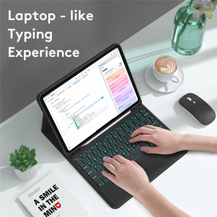 TP-1099 For iPad (2025) / 10.9 (2022) Touchpad Bluetooth-Compatible Keyboard Case with Backlit, PU+PC Pen Slot Tablet Case - 7