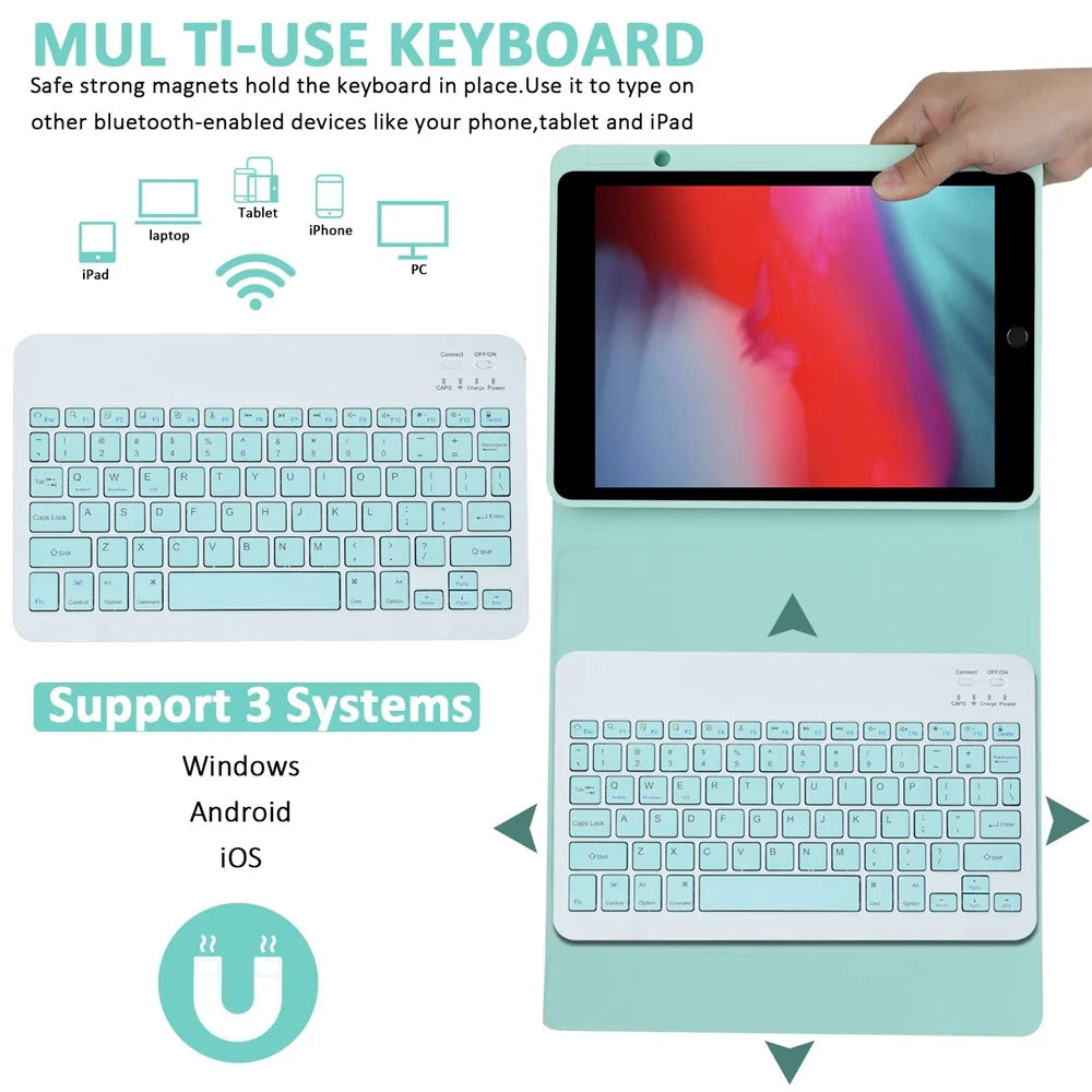 SK-3012 For iPad Air 10.5 inch (2019) / Pro 10.5-inch (2017) / iPad 10.2 (2021) / (2019) / (2020) Bluetooth-compatible Keyboard Tablet Case PU+TPU Protective Cover - Green - 5