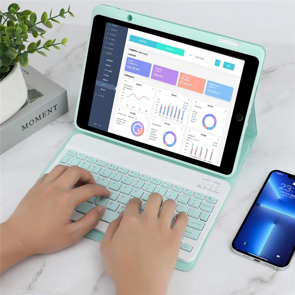 SK-3012 For iPad Air 10.5 inch (2019) / Pro 10.5-inch (2017) / iPad 10.2 (2021) / (2019) / (2020) Bluetooth-compatible Keyboard Tablet Case PU+TPU Protective Cover - Green - 7