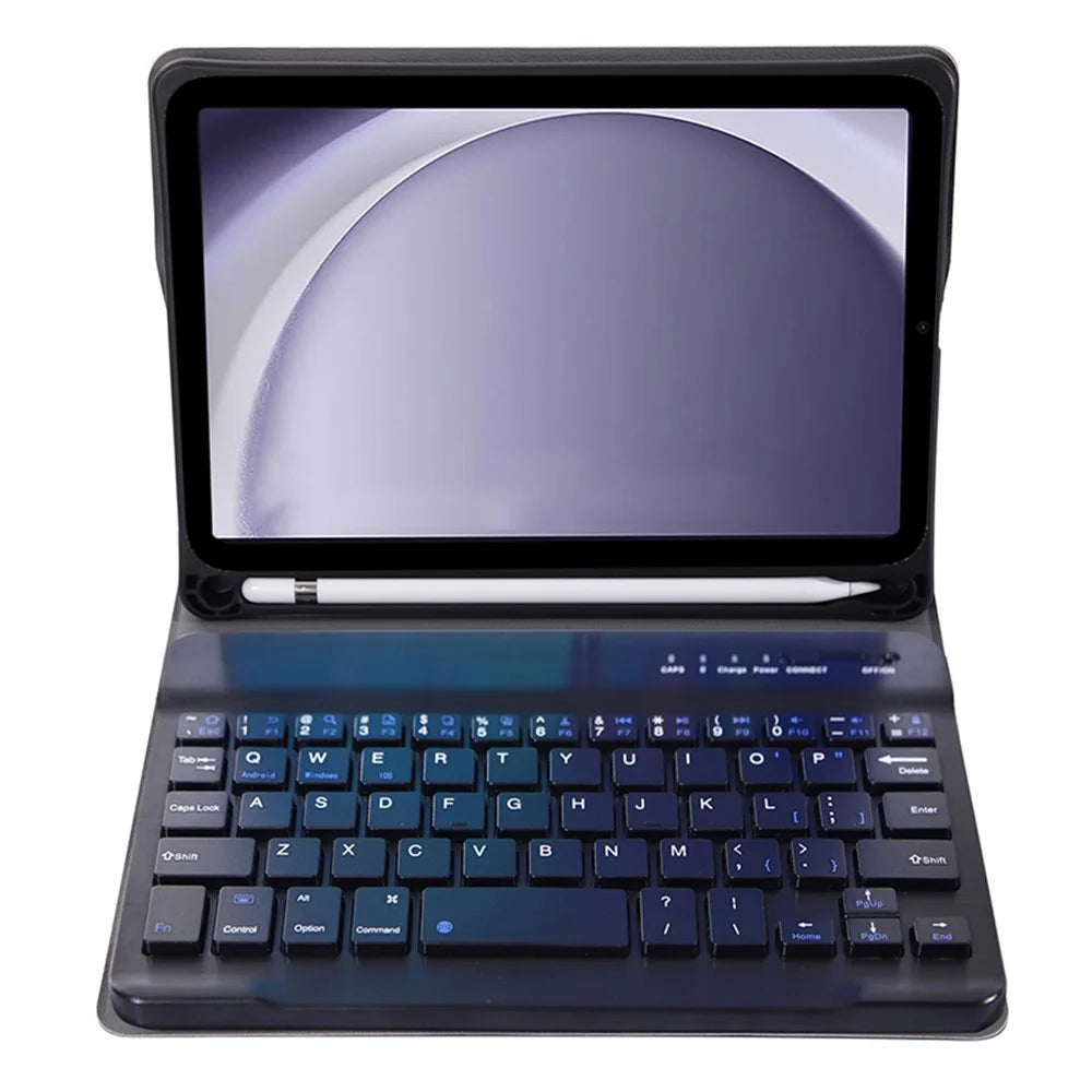 A221B For Samsung Galaxy Tab A9 X110 X115 Protective Leather Case + Bluetooth-compatible Keyboard with Pen Slot - Black - 4