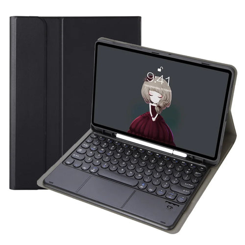 Y09B-A For Samsung Galaxy Tab A9+ X210 X215 X216 Leather Case + Round Keys Design Keyboard with Touchpad and Pen Slot - Black - 1