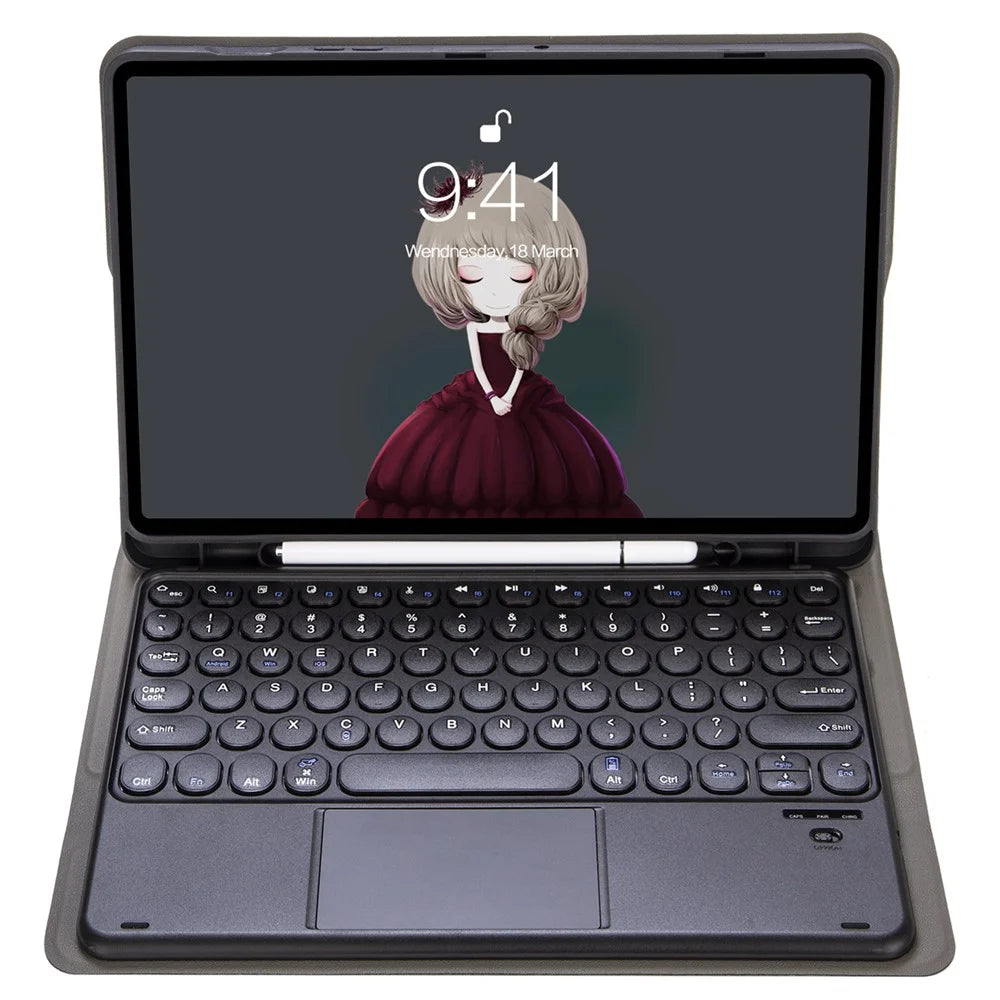 Y09B-A For Samsung Galaxy Tab A9+ X210 X215 X216 Leather Case + Round Keys Design Keyboard with Touchpad and Pen Slot - Black - 4