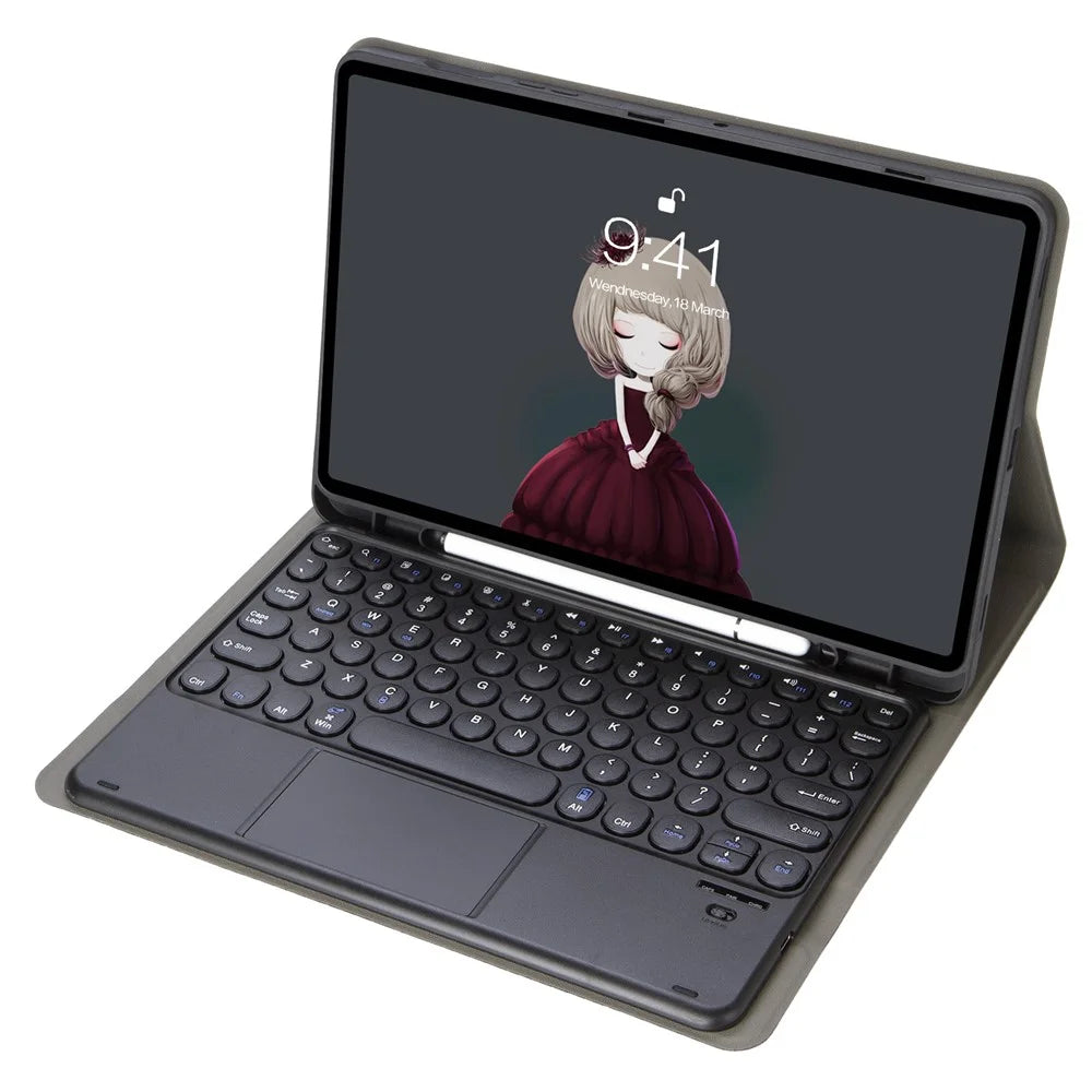 Y09B-A For Samsung Galaxy Tab A9+ X210 X215 X216 Leather Case + Round Keys Design Keyboard with Touchpad and Pen Slot - Black - 5