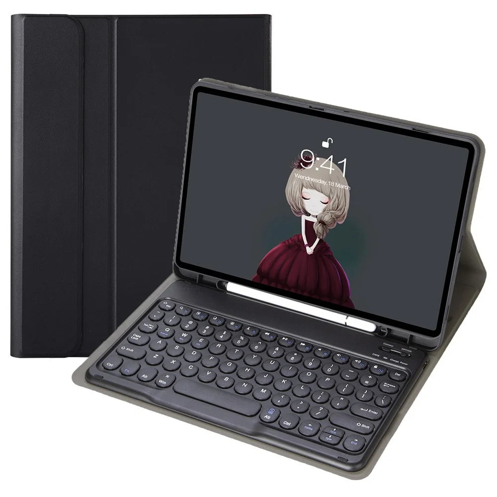 YA710B For Samsung Galaxy Tab S10 Lite / S10 FE / S9 FE X510 X516 / S9 X710 Round Key Cap Bluetooth-Compatible Keyboard TPU Tablet Case - Black - 1