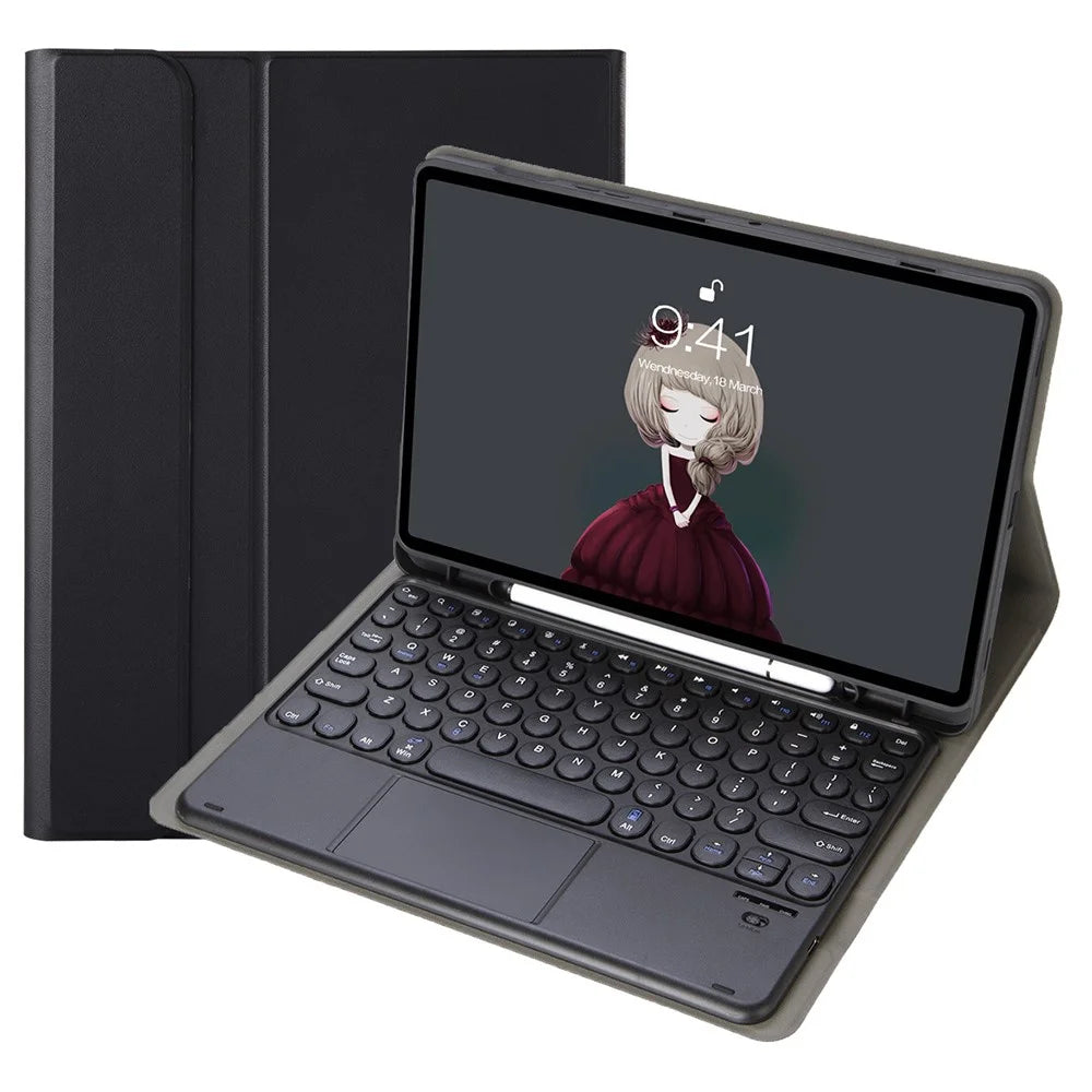 YA710B-A For Samsung Galaxy Tab S10 Lite / S10 FE / S9 FE X510 X516 / S9 X710 Round Key Cap Touchpad Bluetooth-Compatible Keyboard Case - Black - 1