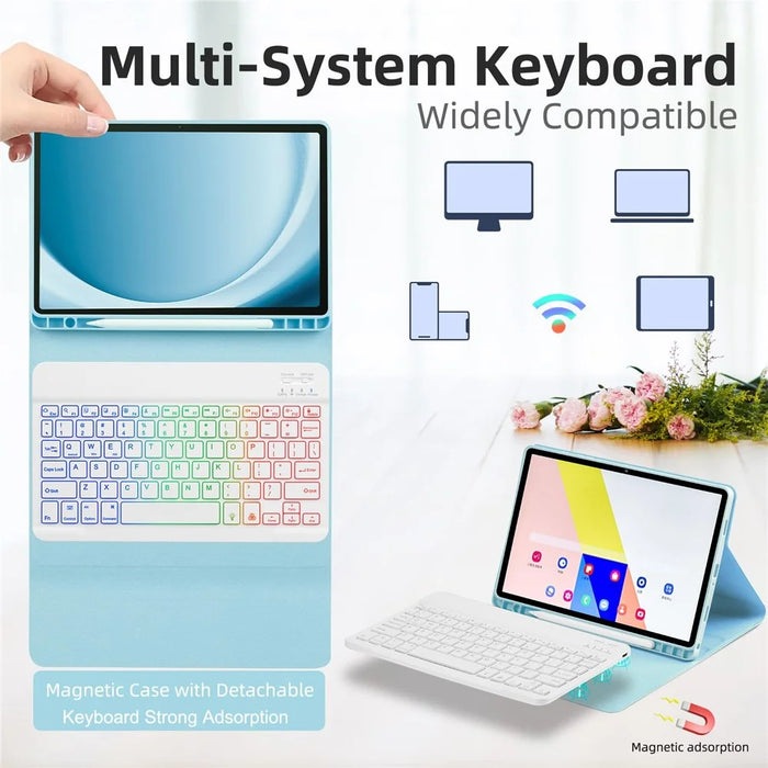 SK-A9+RGB For Samsung Galaxy Tab A9+ SM-X210 / X216 / X218 Leather Tablet Case with Detachable RGB Backlit Keyboard - Sky Blue - 6