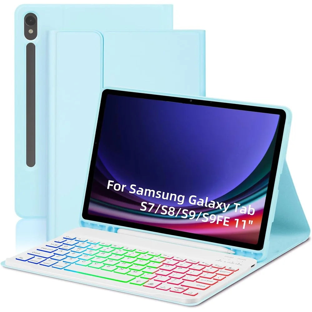 SD-X710 For Samsung Galaxy Tab S7 / S8 / S9 / S10 FE / S9 FE 11 inch PU Tablet Case Backlit Bluetooth-Compatible Keyboard - Baby Blue - 1
