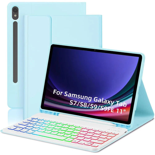 SD-X710 For Samsung Galaxy Tab S7 / S8 / S9 / S10 FE / S9 FE 11 inch PU Tablet Case Backlit Bluetooth-Compatible Keyboard - Baby Blue - 1
