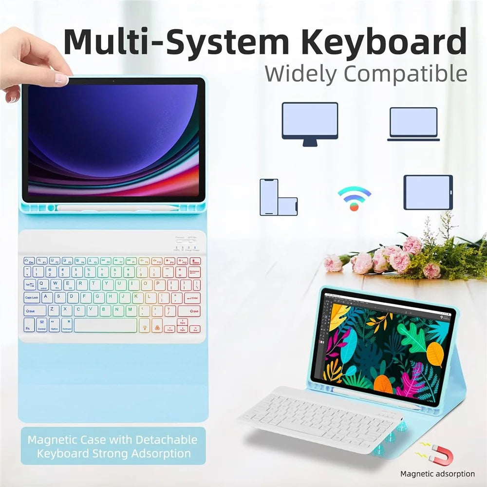 SD-X710 For Samsung Galaxy Tab S7 / S8 / S9 / S10 FE / S9 FE 11 inch PU Tablet Case Backlit Bluetooth-Compatible Keyboard - Baby Blue - 5