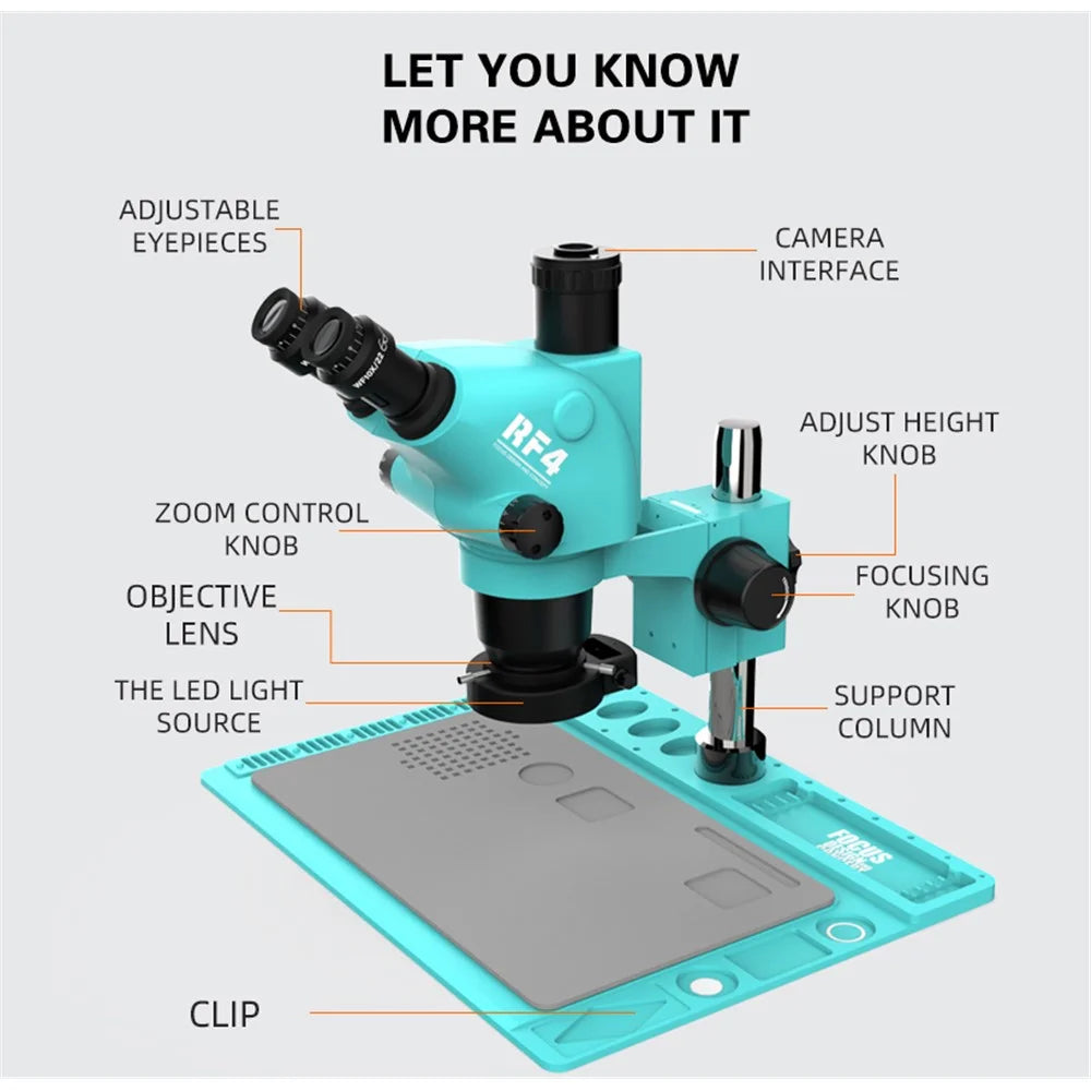 RF4 RF6565TVD2 6.5X-65X Continuous Zoom Triocular Microscope Large Space Circuit Repair Tool - 6
