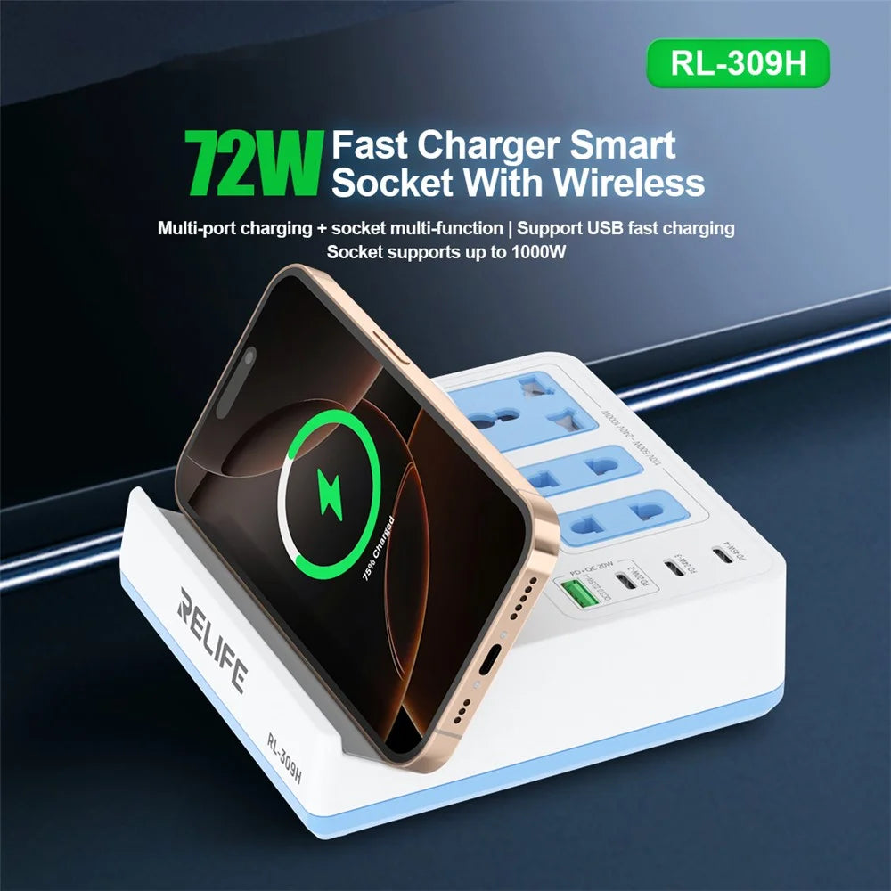 RELIFE RL-309H 72W Integrated Desktop Smart Socket with 15W Wireless Charging for Phone Tablet Laptops - 5