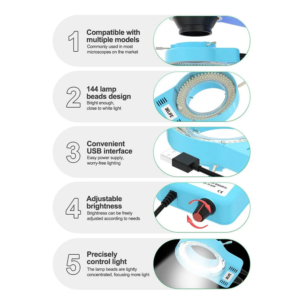 RELIFE RL-033M USB Microscope Light Source 144 LED Beads 10000 - 12000K Microscope Soldering Tool - Blue - 3