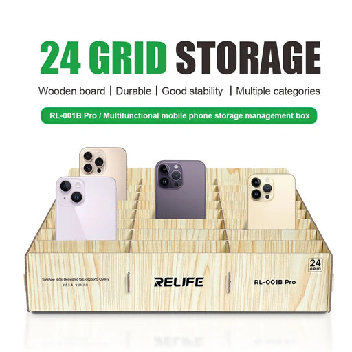 RELIFE RL-001B Pro 24 Grid Phone Management Box  /  Wooden Storage Organizer  /  Multi-Compartment Device Holder - 2