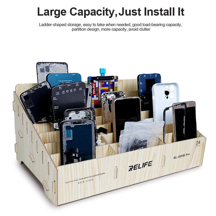 RELIFE RL-001B Pro 24 Grid Phone Management Box  /  Wooden Storage Organizer  /  Multi-Compartment Device Holder - 3
