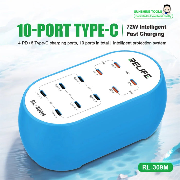 RELIFE RL-309M 10-Port Type-C Charging Station Smart Charger 72W High Power for Multi-Device - EU Plug - 2