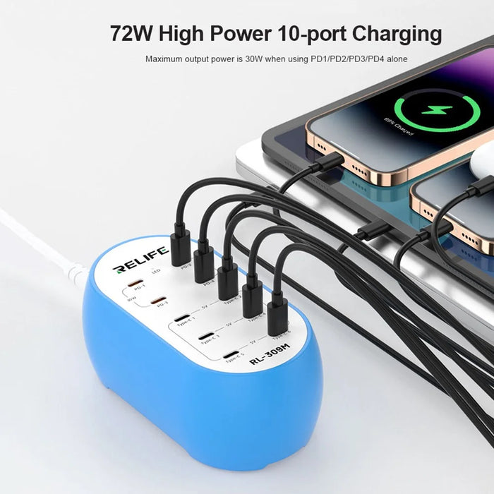 RELIFE RL-309M 10-Port Type-C Charging Station Smart Charger 72W High Power for Multi-Device - EU Plug - 3