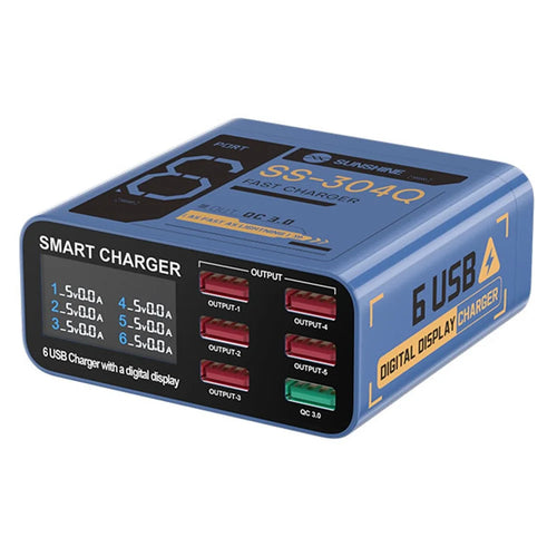 SUNSHINE SS-304Q 6-Port USB Charger Smart Digital Display Fast Charging Desktop Charging Station - Blue  /  US Plug - 1