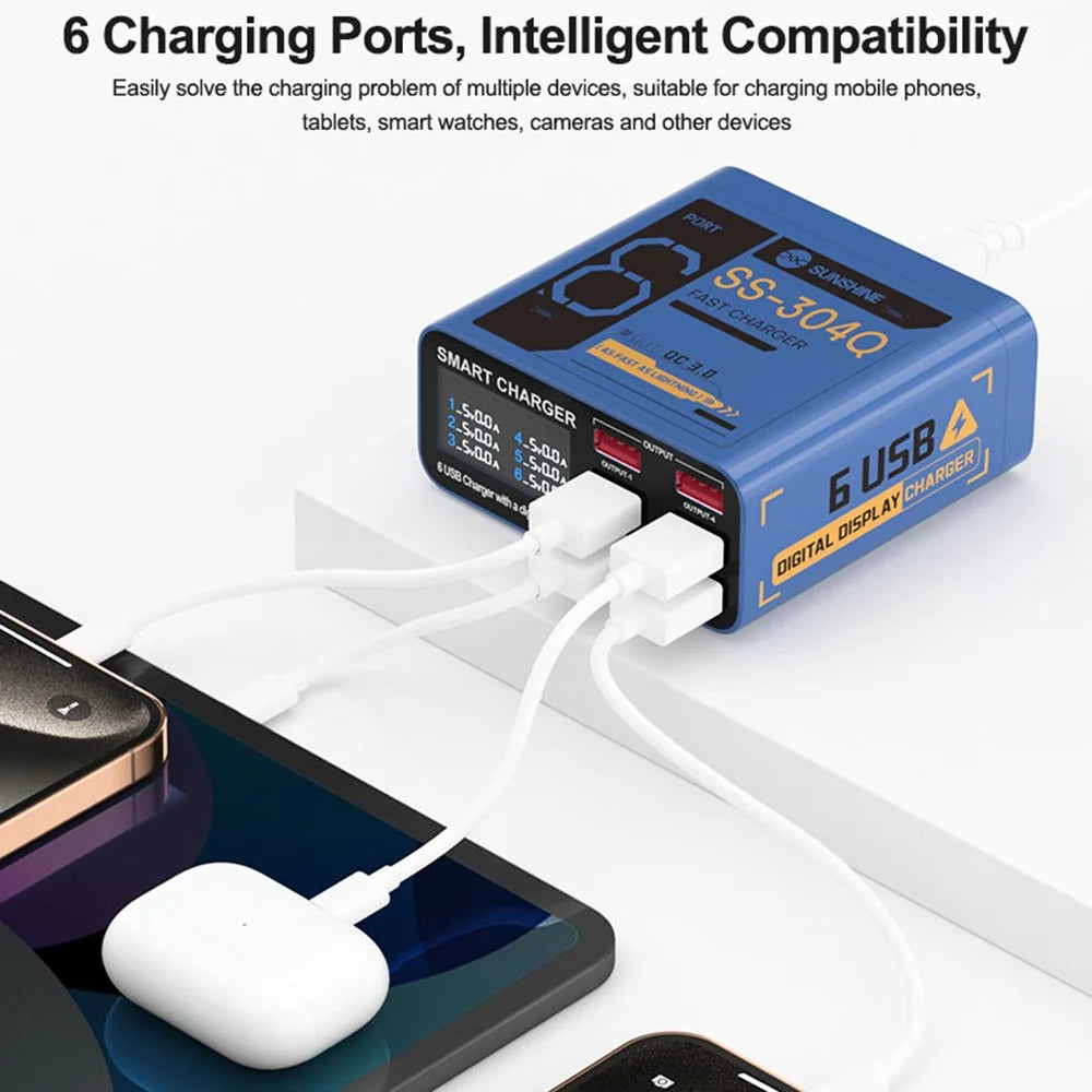 SUNSHINE SS-304Q 6-Port USB Charger Smart Digital Display Fast Charging Desktop Charging Station - Blue  /  US Plug - 3