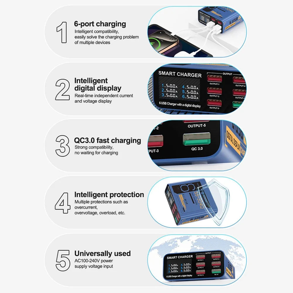 SUNSHINE SS-304Q 6-Port USB Charger Smart Digital Display Fast Charging Desktop Charging Station - Blue  /  US Plug - 4