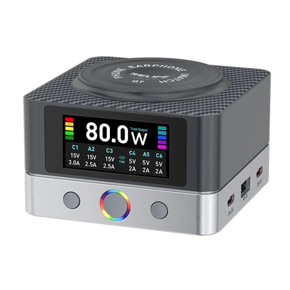 RELIFE Q7 6-Port 80W Intelligent Charger with LCD Screen Power Distribution for Electronic Devices - EU Plug - 1