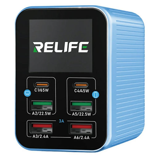 RELIFE Q4 Smart 6-Port Fast Charger 72W Dual PD  /  Dual QC TFT HD Color Screen Smart Sleep Mode For Home  /  Office Use - Blue  /  EU Plug - 1