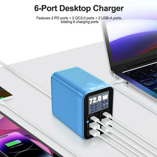 RELIFE Q4 Smart 6-Port Fast Charger 72W Dual PD  /  Dual QC TFT HD Color Screen Smart Sleep Mode For Home  /  Office Use - Blue  /  EU Plug - 2